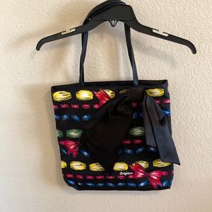NWOT Brighton Multi Colored in Black Tote With Large Black Satin Bow